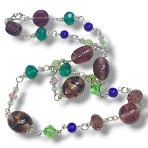 Purple Green Blue Lampwork Glass & Crystal Bead‎ Necklace 20"